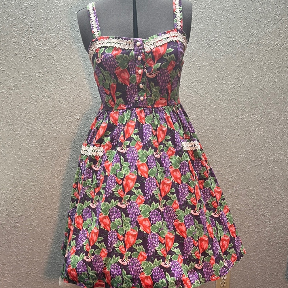 LINDY BOP Wine Glasses Grapes Print Cotton Sundress with Lace Trim US 6